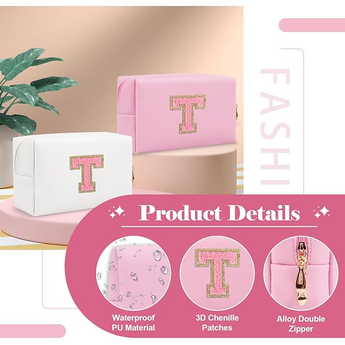 Personalized Initial A-Z Preppy Patch Makeup Bag,Small PU Leather Chenille Letter Cosmetic Bag with Zipper for Teen Girls,Pink Cute Travel Toiletry Bag,Birthday Monogrammed Gift for Daughter,Letter T