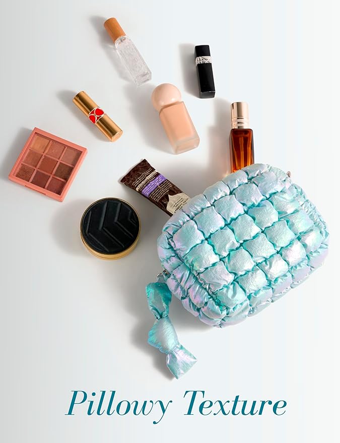 Yarnic Quilted Makeup Bag Puffy Cosmetic Bag, Quilt Travel Toiletry Bag Puffer for Women, Cute Makeup Bag Organizer Soft Cosmetic Pouch (Iridescent Blue, S)