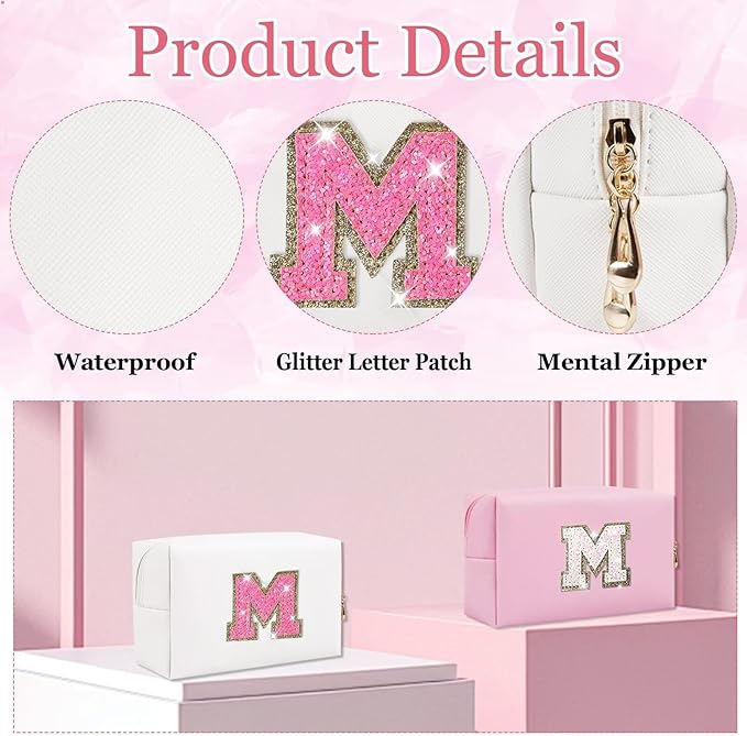 Small Personalized Glitter Initial Letter Makeup Bag, Cute PU Leather Chenille Letters Cosmetic Bag Travel Makeup Pouch, Preppy Travel Organizer Zipper Pouch for Women&Girls（WhiteRosePink-M）