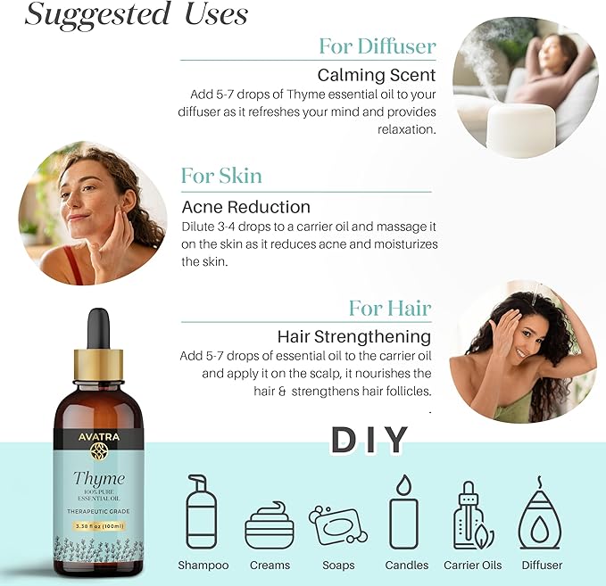 Avatra Thyme Essential Oil 100ML (3.38 OZ) with Glass Dropper and Travel Bottle, Pure and Natural Therapeutic Grade Thyme Oil for Diffuser, Aromatherapy, Massage, and DIY Candle Products