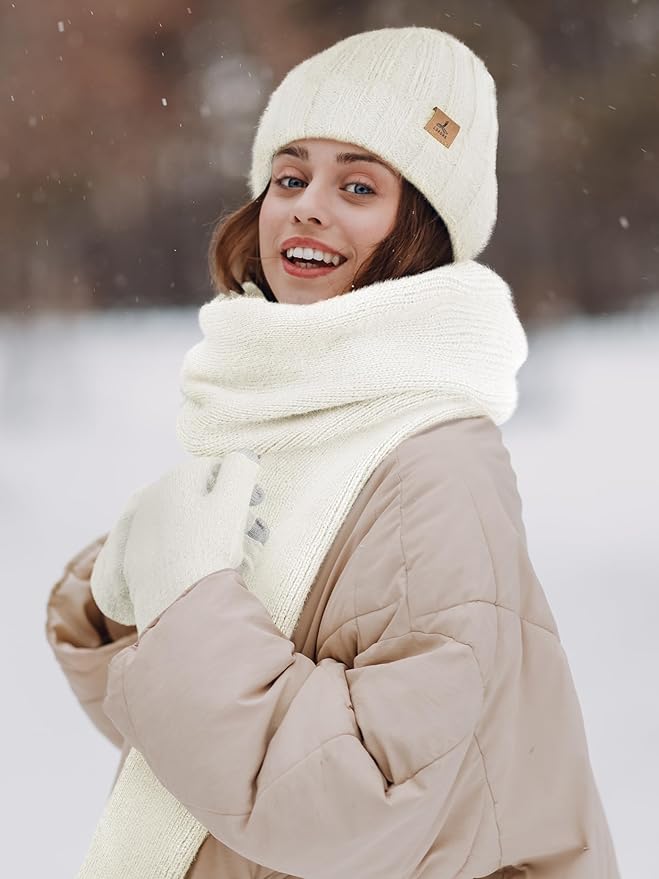 Winter Beanie Hat Scarf Gloves, Warm Fleece Knit Hat Long Scarf Neck Warmer Touch Screen Winter Gloves Set Gifts for Women