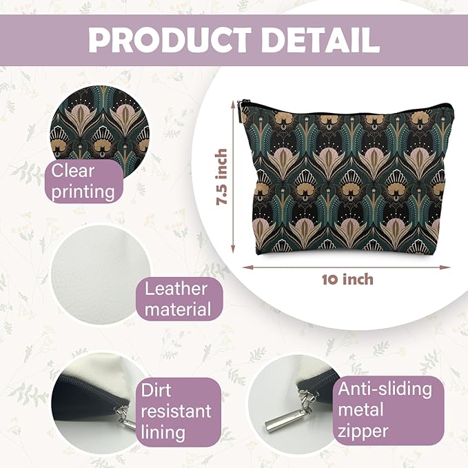 Witchy Vintage 1920s Bats and Flowers Aesthetic Cosmetic Bag - Goth & Halloween Toiletry Bag for Women