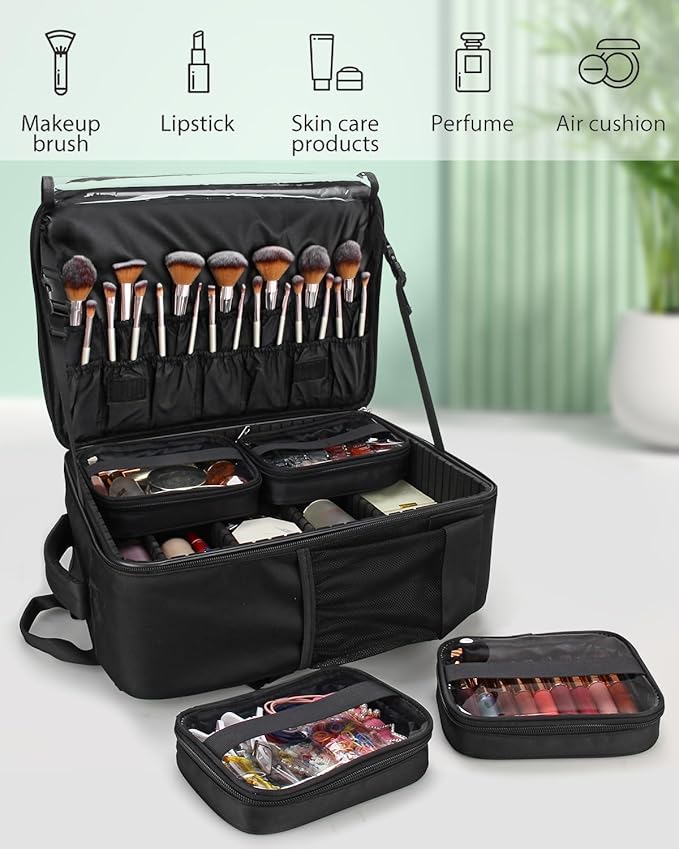 TANTO Makeup Backpack Makeup Artist Bag Professional Extra Large Cosmetic Bag Travel Train Case Storage Organizer Double-Layer Large Capacity Cosmetic Case with 4 Pouch(Black)