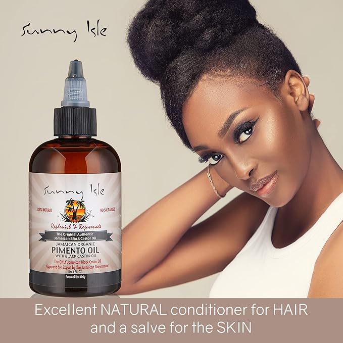 Sunny Isle Jamaican Organic Pimento Oil with Black Castor Oil 4oz | Formulated to Nourish the Scalp, Condition and Strengthen Hair | Traditional Body Rub for Muscle Pain