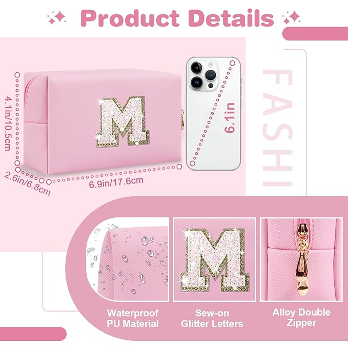 Small Personalized Initial A-Z Patch Makeup Bag,Pink Cute PU Leather Glitter Letter Cosmetic Bag for Teen Girls,Travel Toiletry Bag with Zipper,Preppy Monogrammed Birthday Gift for Daughter Niece M