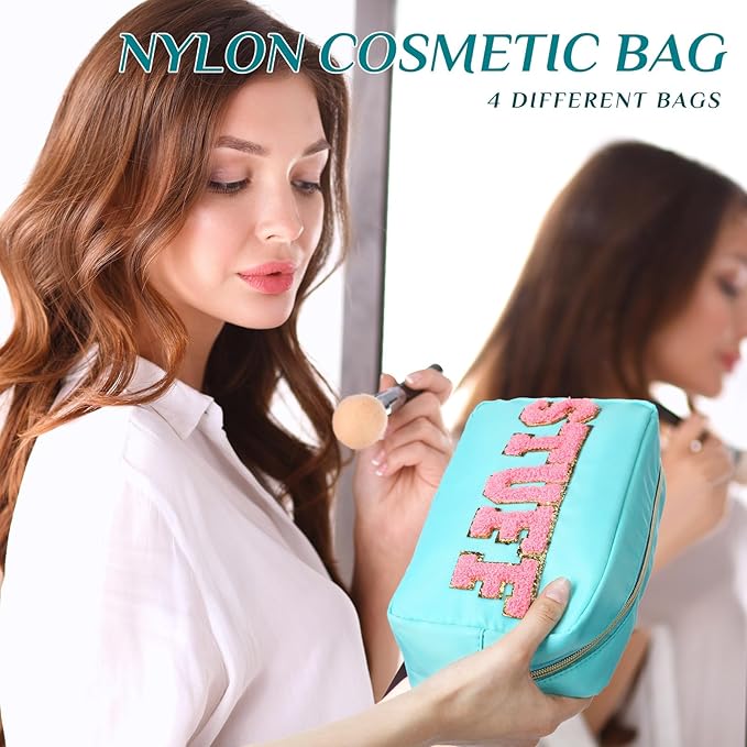 Remerry 4 PCS Nylon Cosmetic Bags Waterproof Spacious Travel Makeup Organizer for Women Chenille Letter Preppy Zipper Pouch Face Stuff Skin Hair Organizer Gift(Light Blue)