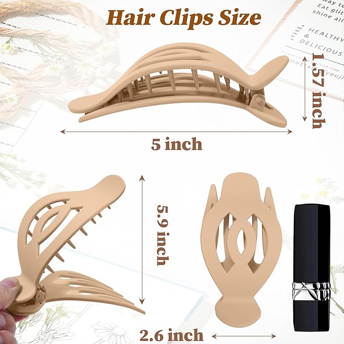 AWAYTR 6Pcs Upgrade Large Flat Hair Claw Clips for Women Girls, 5" Non-slip Duckbill Hair Clips for Long, Thick, Thin Hair, Comfortable for Driving & Lying Down (Matte (Neutral))