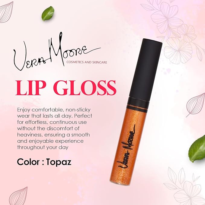 Vera Moore Lip Gloss, Moisturizing Lip Color with Shimmer for Long Lasting Shine, Lightweight Lip Stain, Girls Non-Sticky Lip Gloss with Aloe Vera, W/Vitamin C, E (Topaz, One Size)