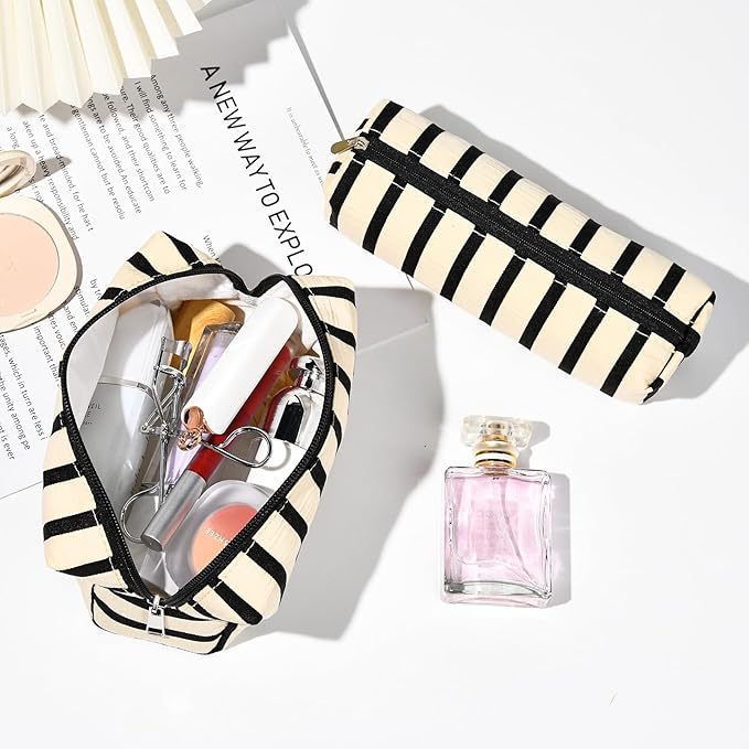 SOIDRAM Makeup Bag Corduroy Cosmetic Bag White Stripe Makeup Pouch 1Pcs Large Capacity Makeup Bags and 1Pcs Makeup Brushes Storage Bag Travel Toiletry Bag Organizer