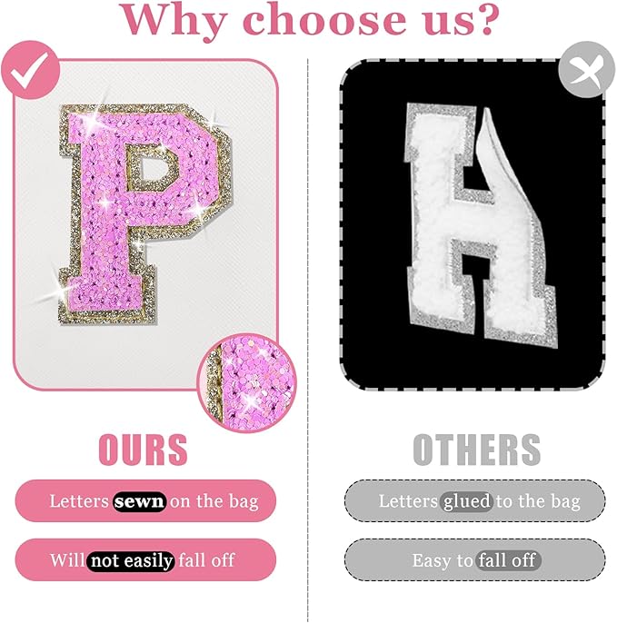 Personalized Initial Makeup Bag, Small Preppy Glitter Letter Cosmetic Pouch PU Waterproof Zipper Travel Toiletry Bag, Unique Letter Patch Makeup Organizer Gift for Women Teen Girls
