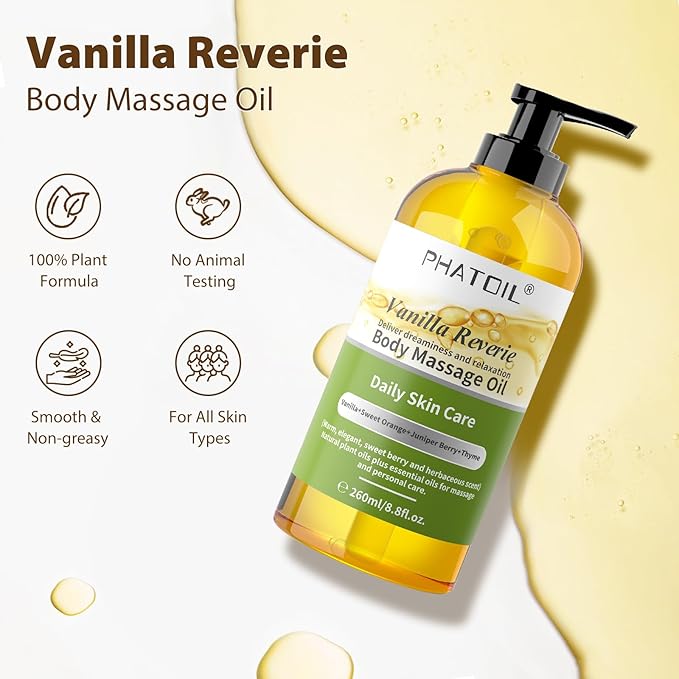PHATOIL Vanilla Body Oil with Sweet Orange, Juniper Berry and Thyme Essential Oils, Premium Scented Body Oil for Moisturizing Skin, Massage Oil for Women Men After Shower - 8.8 FL.OZ(260ML)