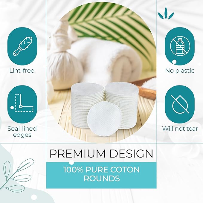 R-Neu Premium [Turkish] Cotton Rounds, 800 Count, Stitched, Waffle Textured, 100% Pure & Natural Cotton Pads for Face, Hypoallergenic Makeup Remover (8 Pack of 100)