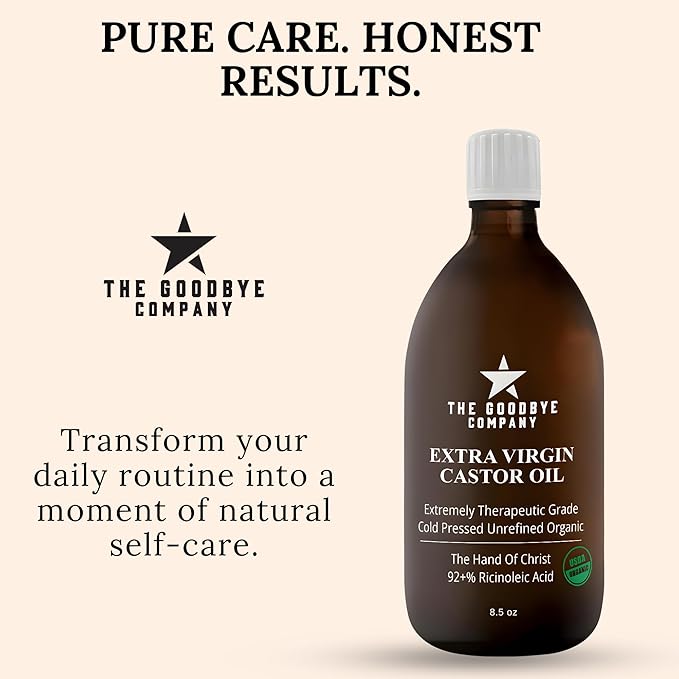 The Goodbye Company Organic Cold-Pressed Castor Oil - 8.5 oz Glass Bottle, Hexane-Free, Extra Virgin, Small Batch Family Farm Ethically Sourced for Hair Growth, Skin Care, Lashes, Brows & Castor Oil