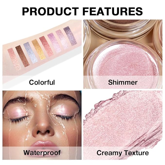 Cream Glitter Pale Pink Shimmer Metallic Eyeshadow Palette Makeup For Mature Women, Natural Single Mini Instant Holographic Eyeshadow, Sombras Crema Para Ojos, Talc, Paraben & Cruelty Free