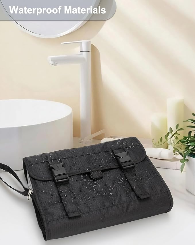 Travel Hanging Toiletry Bag with Makeup Brush Board, Portable Toiletries Bag with Hanging Hook, Water Resistant Wash Bag, Makeup Organizer with Cosmetics for Full Sized Travel Essentials - Black