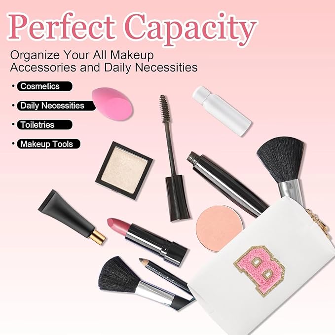 Small Personalized Letter Makeup Bag, Cute PU Leather Chenille Letters Cosmetic Bag Travel Makeup Pouch, Preppy Travel Organizer Zipper Pouch for Women&Girls（WhitePink-B）