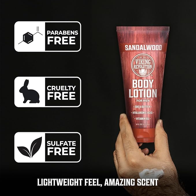 Viking Revolution Sandalwood Body Lotion for Men – Mens Lotion for Dry Skin with Shea Butter, Hyaluronic Acid and Vitamin B5 – Nourishing Mens Body Lotion for Hydrated and Smooth Skin (8oz, 1 Pack)