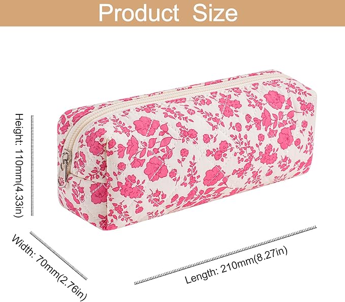 Cute Floral Cotton Makeup Brush Cosmetic Bag for Women, Travel Quilted Zipper Make Up Bag, Flowers Toiletry Organizer Case Kawaii Makeup Cosmetic Travel Cloth Pouch (Blue+Big Red Floral)