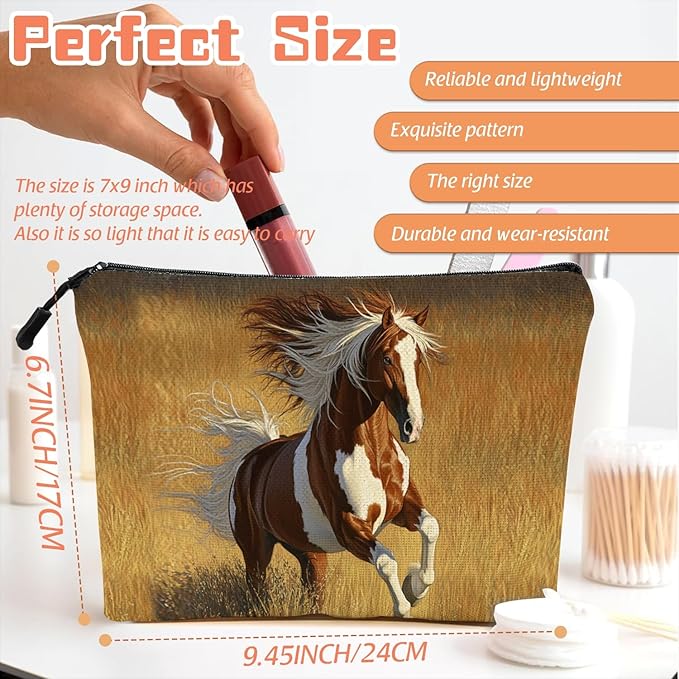 Cosmetic Bags Travel Makeup Toilet Case Waterproof Pouch for Women Girls 6.7X9.45inches - Horse Galloped on The Golden Grass