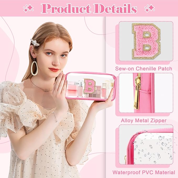 Personalized Initial Letter Clear Makeup Bag,Preppy Small Nylon&PVC Cosmetic Zipper Bag with Chenille Letter,Portable Beach Travel Skincare Toiletry Bag,Trendy Monogram Gift for Teen Girls Women,B