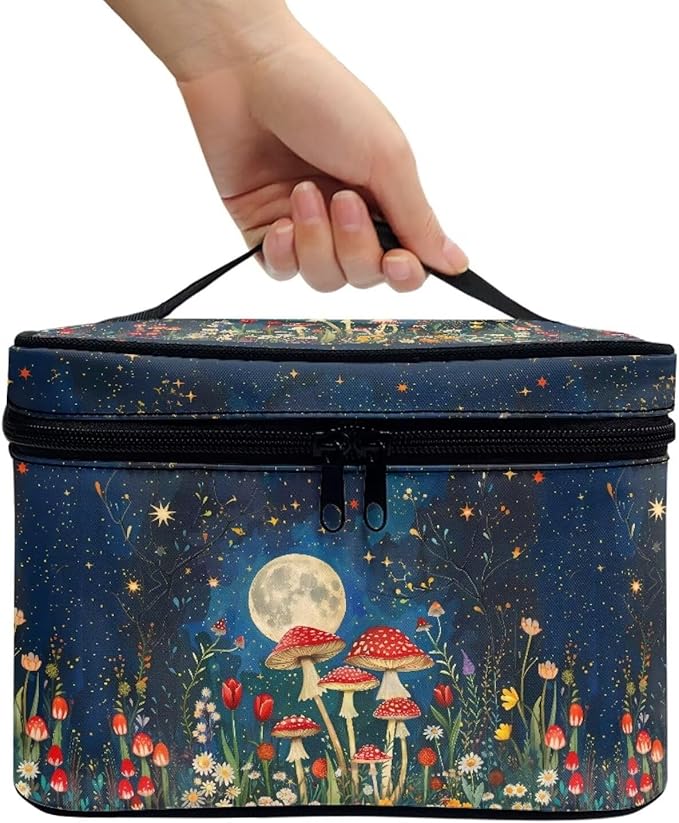 Vintage Mushroom Moon Starry Night Print Makeup Bag for Women Ladies Portable Cosmetic Bag with Zipper and Carry Handle Make Up Tote Bags Toiletry Case Organizer