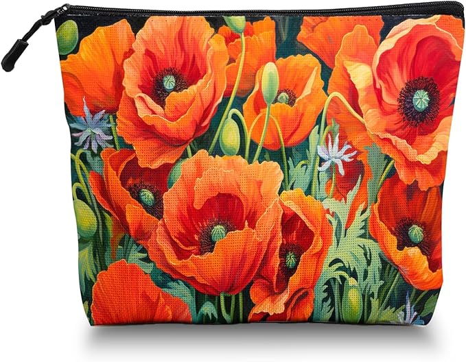 Cosmetic Bags Travel Makeup Toilet Case Waterproof Pouch for Women Girls 6.7X9.45inches - Vibrant Orange Poppies With Greenery