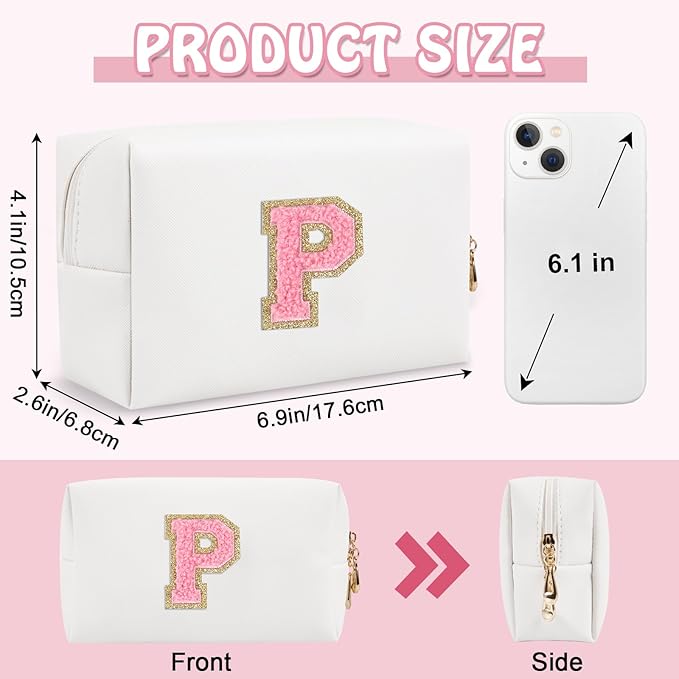 Personalized Initial Preppy Makeup Bag Organizer, White Small Travel Cosmetic Bag Monogram Toiletry Zipper Pouch for Women, PU Leather Waterproof Makeup Case Proposal Gift for Brides Female(Letter P)