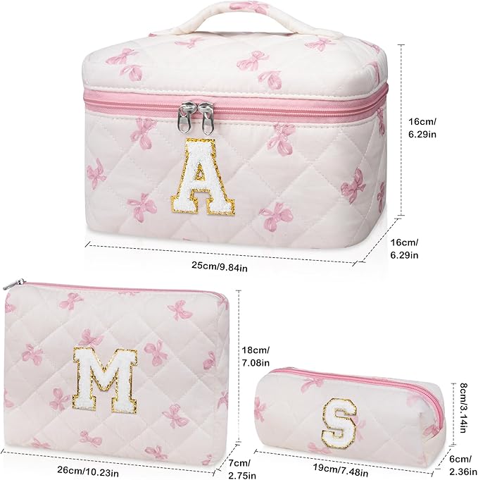Initial Makeup Bag Set, Personalized Quilted Makeup Bag, Large Floral Cosmetic Bag for Women, Cute Cotton Custom Make up Bags, Flower Travel Toiletry Bag Teen Girl Gift Pink Butterfly K