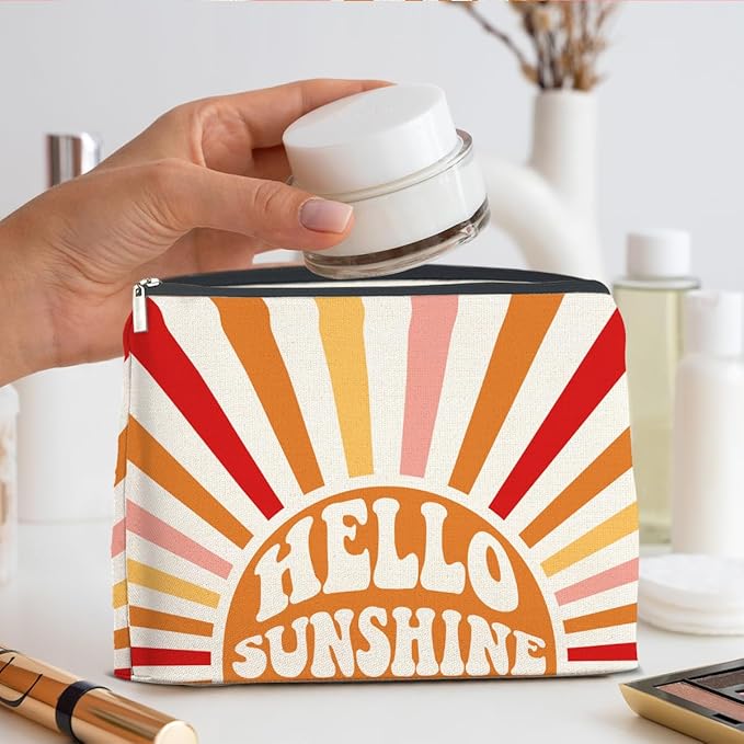 Inspirational Gifts Hello Sunshine Makeup Bag, Positve Gifts for Women, Boho Sunrise Sunshine Zipper Makeup Pouch