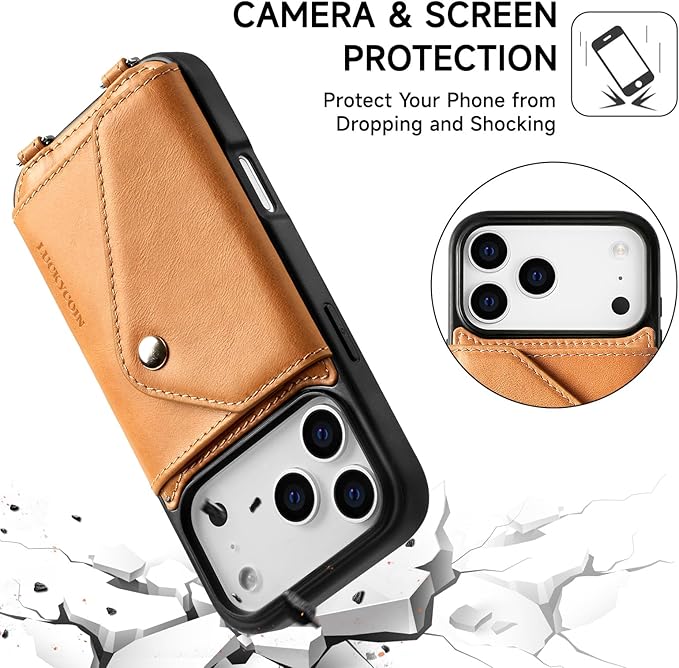 LUCKYCOIN Crossbody Wallet Phone Case for iPhone 17 Pro,100% Genuine Leather Wallet Phone Case with Expandable Flip Card Holder,Phone Purse for Women with Adjustable Removable Strap - Brown