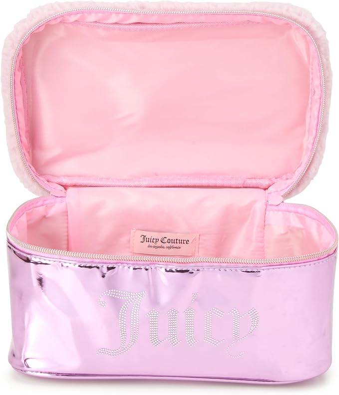 Juicy Couture Pink Makeup Bag Cosmetics Organizer Travel Essentials Train Case Shiny Rhinestones Faux Shearling