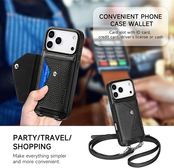 LUCKYCOIN Crossbody Wallet Phone Case for iPhone 17 Pro Max,100% Genuine Leather Wallet Phone Case with Expandable Flip Card Holder,Phone Purse for Women with Adjustable Removable Strap - Pebble Black
