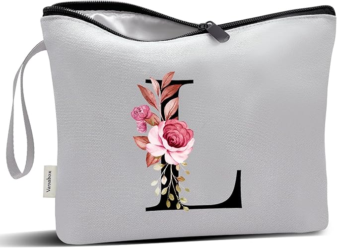 Vavabox A-Z Personalized Makeup Bag, Birthday Gifts for Women Mom, Gifts for Best Friend, Bride Bridesmaid Cosmetic bag (L, Grey)