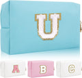 Personalized Initial Letter Patch Makeup Bag, Preppy Portable Chenille Letter Cosmetic Bag with Zipper, PU Leather Waterproof Travel Toiletry Bag Monogram Make Up Pouch for Women Girls