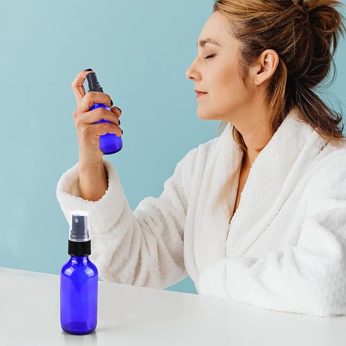 Wedama 4 oz Mini Glass Spray Bottles, Empty Small Spray Bottles with Funnel Dropper, Fine Mist for Hair, Travel, Plants, Cleaning Solutions and Skin Care (4 Pack Blue)