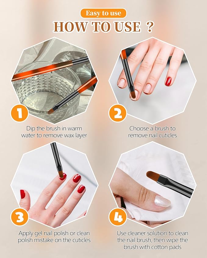 3PCS Nail Art Clean Up Brushes, Round/Angled/flat Acetone Resistant Gel Nail Polish Remover Brush, Nail Brushes for Tidying Up Polish Mishaps on Cuticles, and Nail Art Designs（Orange Black）