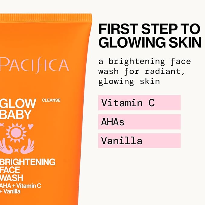Pacifica Glow Baby Brightening Facial Cleanser 5oz – Vitamin C & Glycolic Acid (AHA) Face Wash for Radiance – Daily Cleanser for Anti-Aging Exfoliating for Smooth, Even Glowing Skin Vegan Clean Beauty