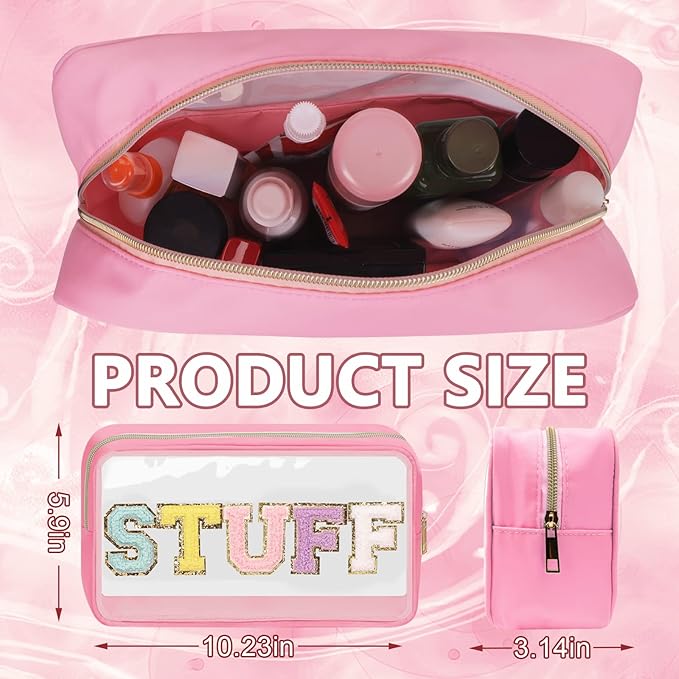 Iqimott Clear Patch Makeup Bag Stuff Pouch, Preppy Personalized Chenille Letter Cosmetic Pouch for Travel, Nylon Waterproof Monogram Pouches Zipper Toiletry Bags for Women Girls(STUFF, Pink)