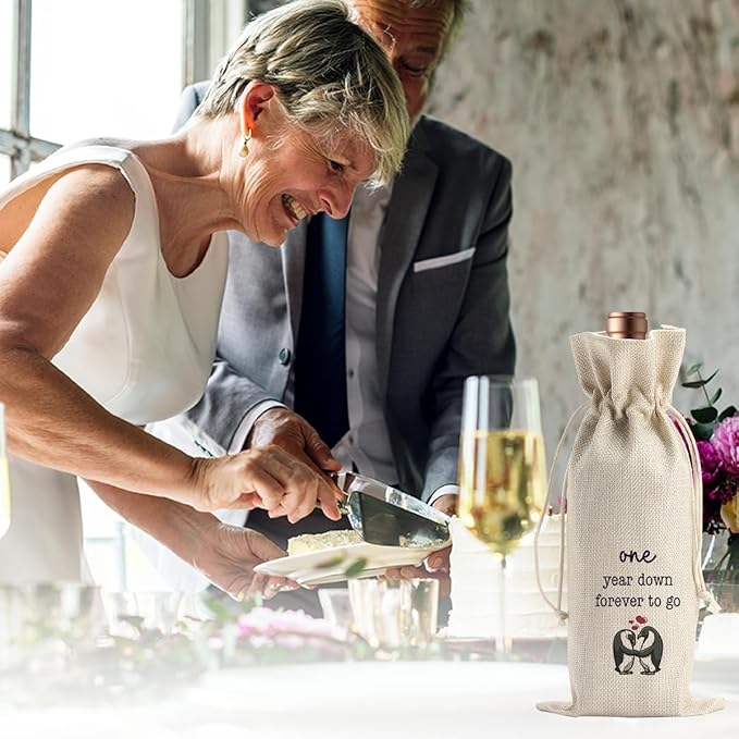 Gifts for First Anniversary for Couple Parents Husband Wife Vow Renewal Gifts One Year Down Forever to Go 1 year Wedding Anniversary Wine Gift Bag