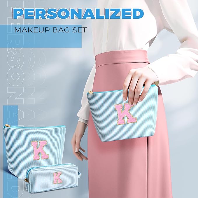 Monogrammed Gifts for Women - Cosmetic Bag for Teen,Initial Cute Makeup Bag Set for Women,Trendy Pouch for Niece Sister Friend Female Her,Birthday Gifts for Daughter - Blue,K