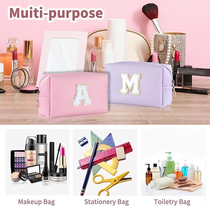 MSQ Personalized Makeup Bag Initial A-Z Patch Bag, PU Leather Cosmetic Bag Pouch Travel Toiletry Bag with Zipper, Gift Ideal for Teen Girls Friend Mom Women Birthday(Pink A)