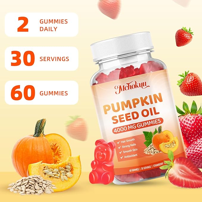 Pumpkin Seed Oil Supplement Gummies 4000mg with Saw Palmetto for Hair Growth & Skin Health, High Pure Extract for Women & Men Extra Strength Pumpkin Seed, Strawberry Flavor, 60 Count