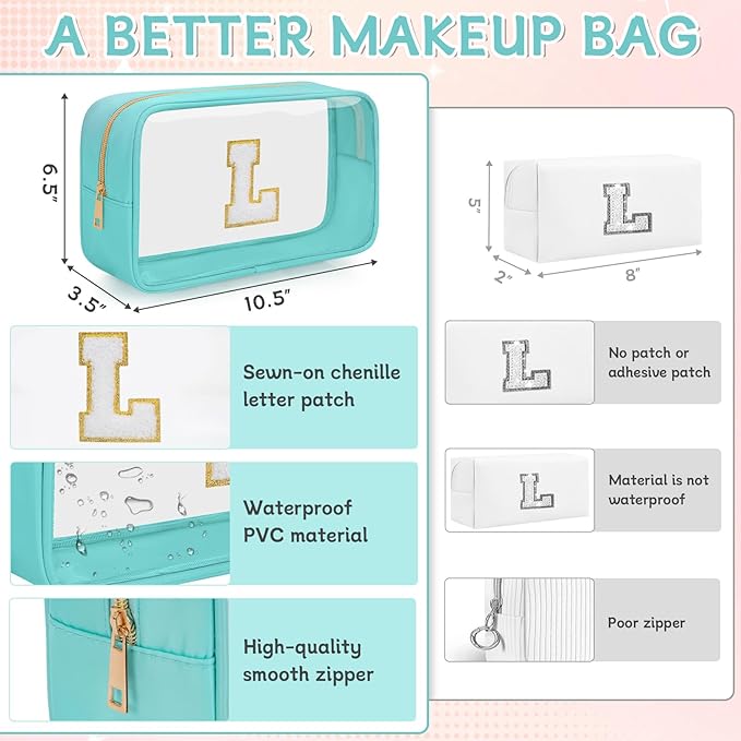 Personalized Initial Clear Makeup Bag, Travel Chenille Patch Cosmetic Bag, Preppy Toiletry Bag Monogram Cosmetic Pouch with Zipper, Ideal Gift for Teen Girls Women (Clear-Green, L)