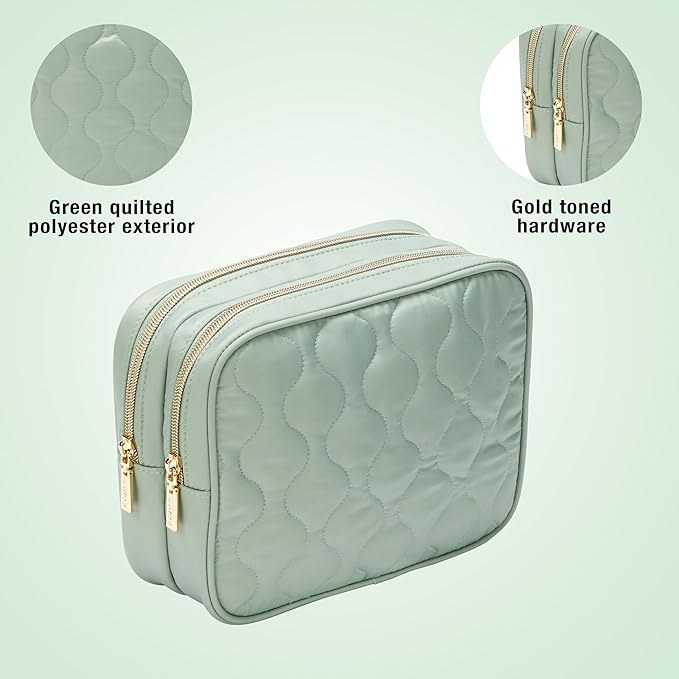 Conair Double-Zip Toiletry Travel Bag, Travel Makeup Bag Organizer, 2 Zippered Compartments, Easy to Clean, 1 Count, Sage Green