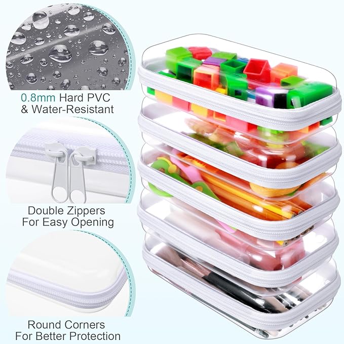 Sanwuta 6 Pcs Clear Hard Zipper Case Hard Plastic Zipper Pouches Makeup Bag Pencil Pouches Transparent Cases for Snacks Plastic Storage Organizer Box for Travel(White,7.48 x 3.94 x 2 Inch)