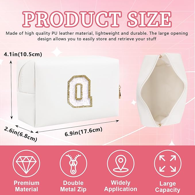 Personalized Initial Letter Patch Makeup Bag, Preppy Portable Chenille Cosmetic Bag with Zipper, PU Leather Waterproof Travel Toiletry Bag Monogram Make Up Pouch for Women Girls