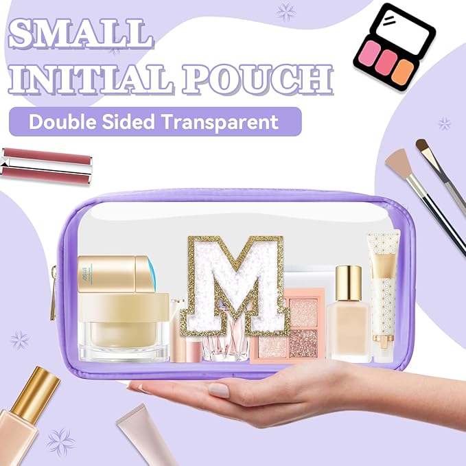 Small Clear Personalized Initial Makeup Bag,Nylon Preppy A-Z Chenille Letter Patch Cosmetic Pouch Beach Toiletry Bag,Waterproof Zip Travel Purse Storage Bag Organizer for Women Girls(Purple-White M)