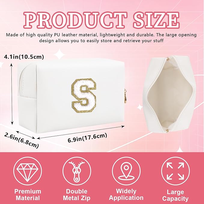 Personalized Initial Letter Patch Makeup Bag, Preppy Portable Chenille Letter Cosmetic Bag with Zipper, PU Leather Waterproof Travel Toiletry Bag Monogram Make Up Pouch for Women Girls(Letter S)