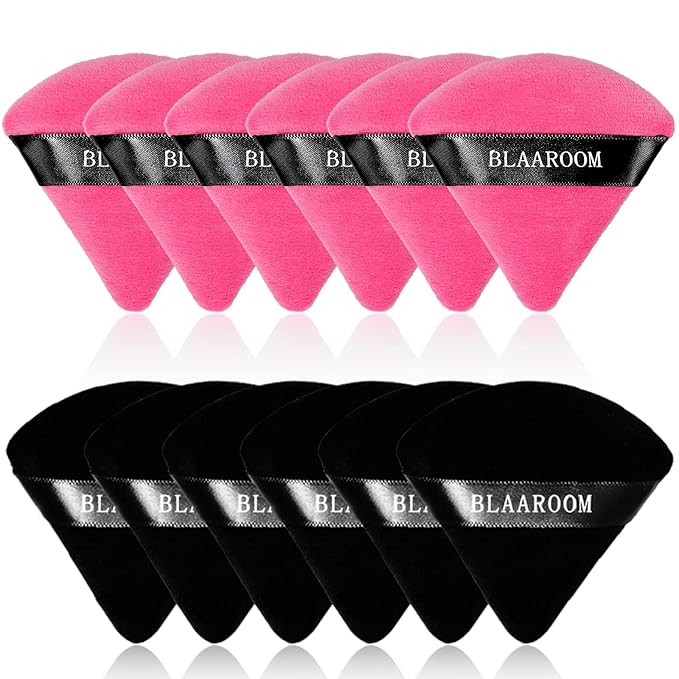 12 Pieces Velour Pure Cotton Powder Puff Face Makeup Triangle Powder Puffs for Loose Powder Wet Dry Cosmetic Foundation Beauty Sponge Makeup Tools -Black Rose Red