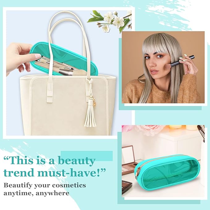Nylon Small Clear Makeup Bag Slim Pouch, Cute Preppy Cosmetic Zipper Case for Purse, Travel PVC Toiletry Clutch Coin Bag for Women Girl (Mint)